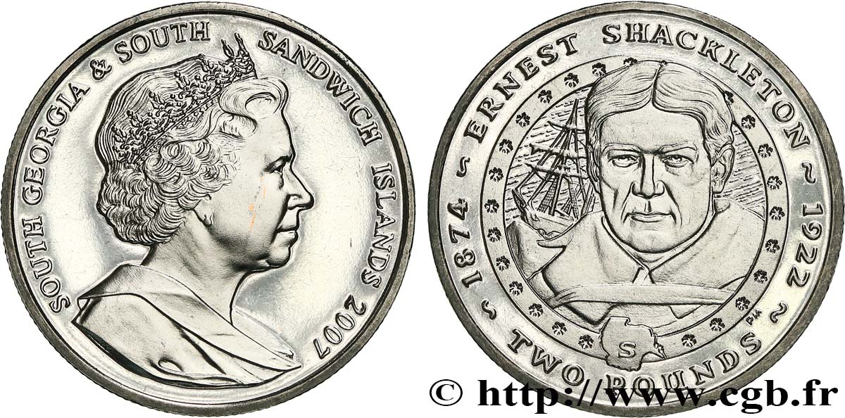 GEORGIA DEL SUD E ISOLE SANDWICH MERIDIONALI 2 Pounds (2 Livres) Proof Ernest Shackleton 2007 Pobjoy Mint MS 