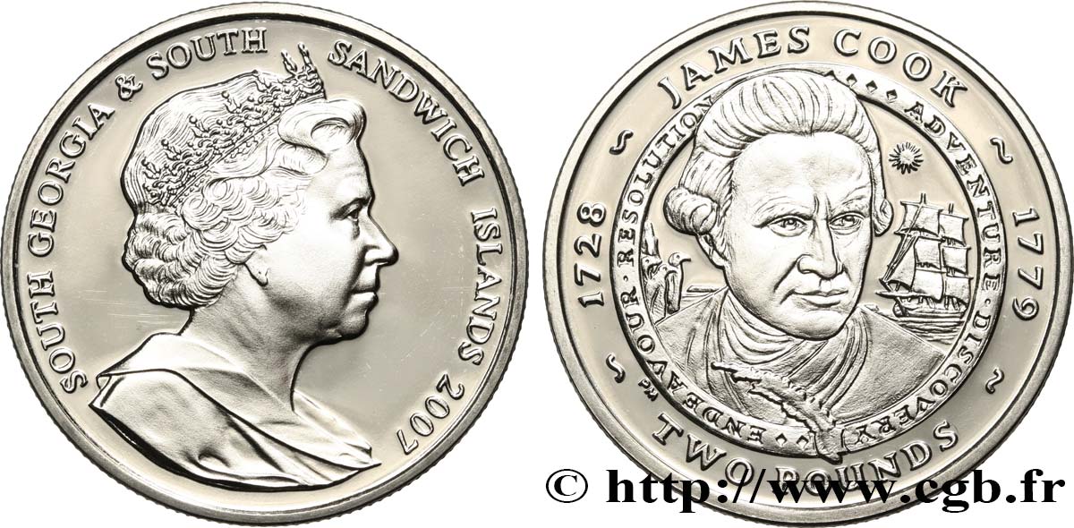 SOUTH GEORGIA AND THE SOUTH SANDWICH ISLANDS 2 Pounds (2 Livres) Proof James Cook 2007 Pobjoy Mint MS 