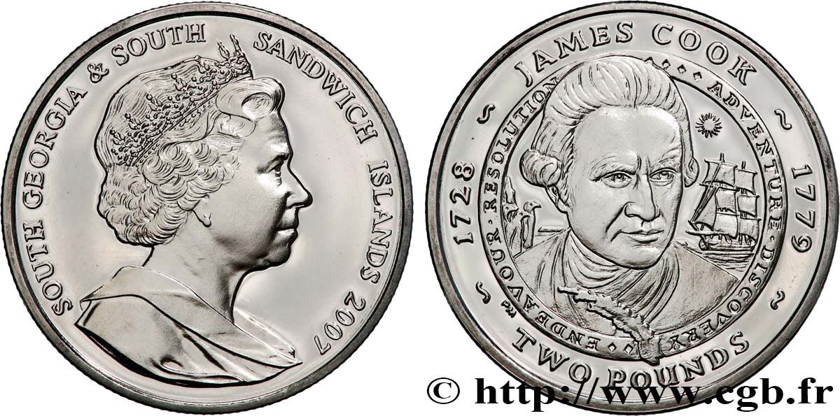 SÜDGEORGIEN UND DIE SÜDLICHEN SANDWICHINSELN 2 Pounds (2 Livres) Proof James Cook 2007 Pobjoy Mint fST 