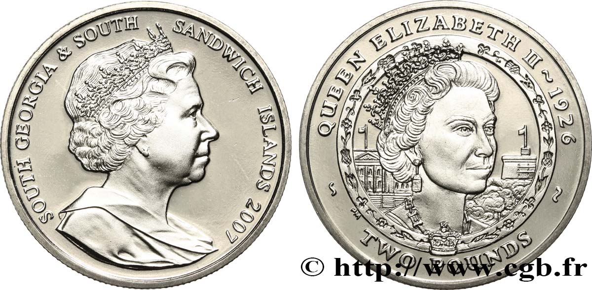GEORGIA DEL SUD E ISOLE SANDWICH MERIDIONALI 2 Pounds (2 Livres) Proof Élisabeth II 2007 Pobjoy Mint MS 