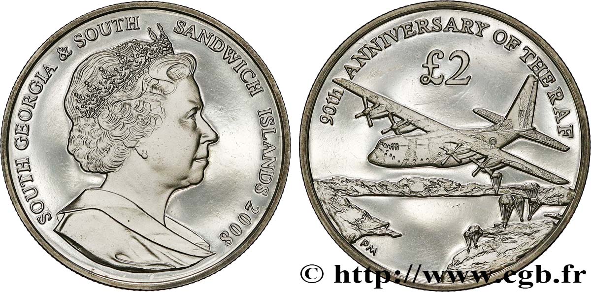 GEORGIA DEL SUD E ISOLE SANDWICH MERIDIONALI 2 Pounds (2 Livres) Proof 90e anniversaire de la RAF 2008 Pobjoy Mint MS 