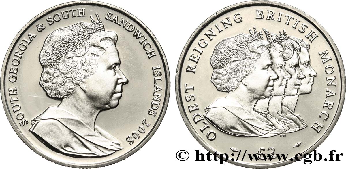 GEORGIA DEL SUD E ISOLE SANDWICH MERIDIONALI 2 Pounds (2 Livres) Proof La plus ancienne monarque britannique régnante 2008 Pobjoy Mint MS 
