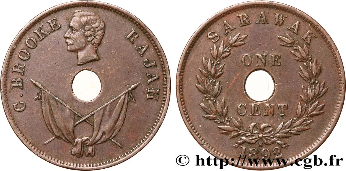 SARAWAK 1 Cent Sarawak C. Brooke 1892 Heaton TTB 