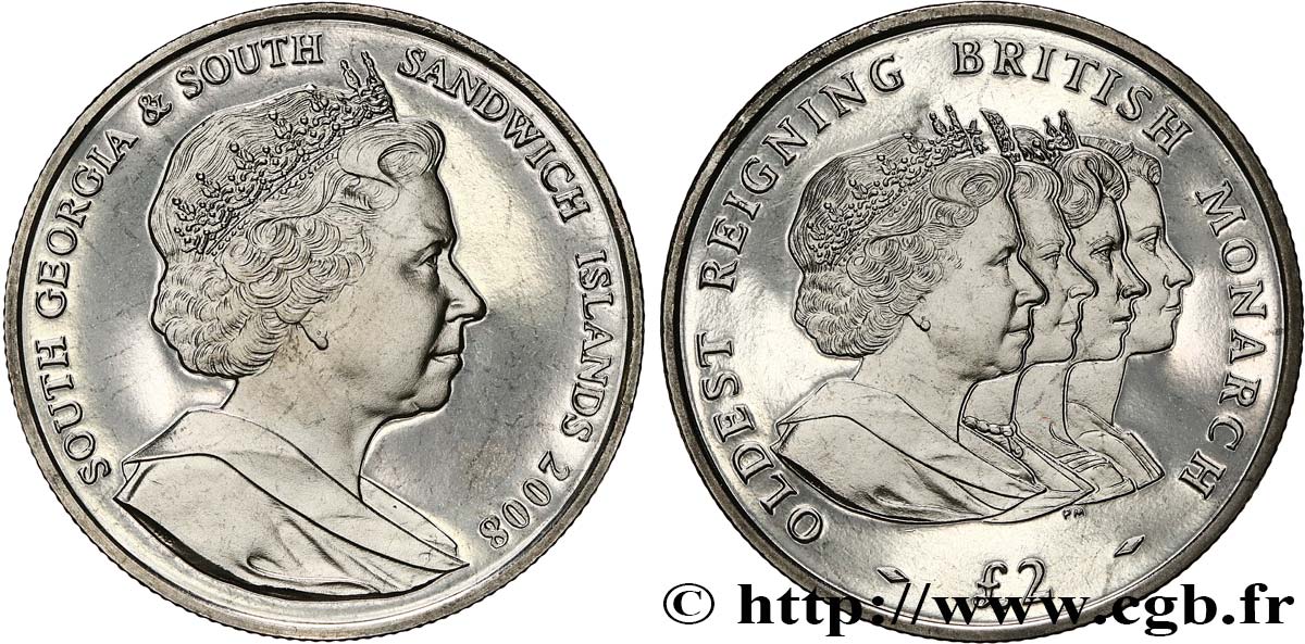 SOUTH GEORGIA AND THE SOUTH SANDWICH ISLANDS 2 Pounds (2 Livres) Proof La plus ancienne monarque britannique régnante 2008 Pobjoy Mint MS 