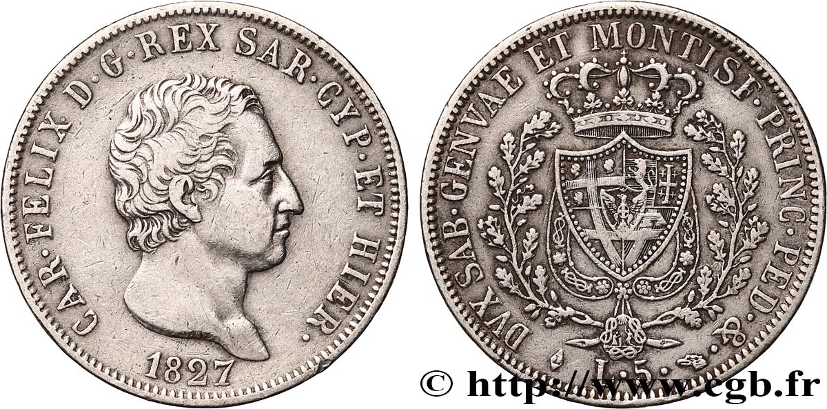 ITALY - KINGDOM OF SARDINIA 5 Lire Charles-Félix 1827 Turin XF 