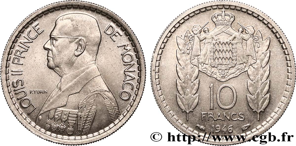 MONACO 10 Francs Louis II 1946 Paris VZ 
