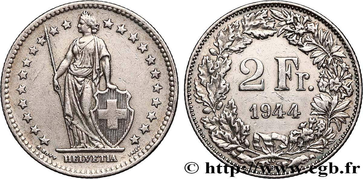 SUISSE 2 Francs Helvetia 1944 Berne TTB 