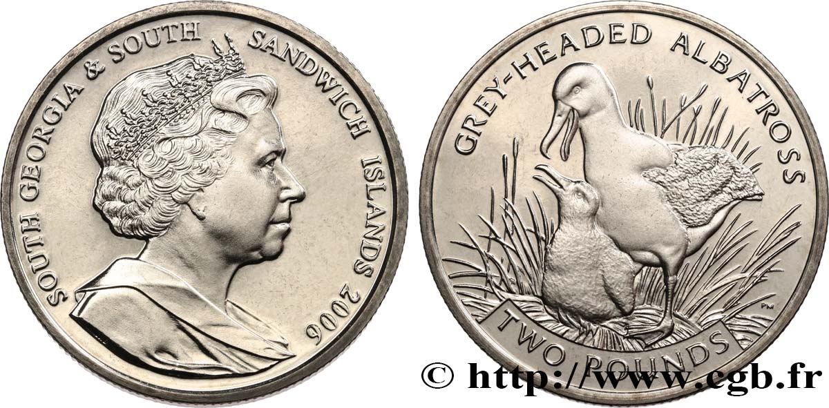 GEORGIA DEL SUD E ISOLE SANDWICH MERIDIONALI 2 Pounds (2 Livres) Proof Albatros à tête grise 2006 Pobjoy Mint MS 