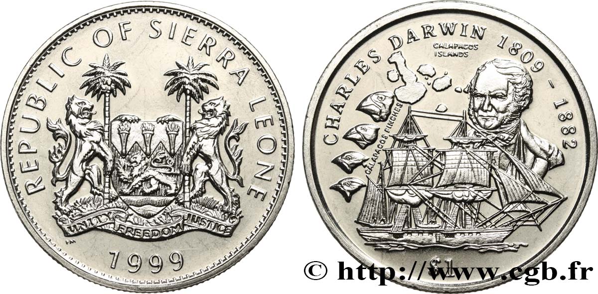 SIERRA LEONE 1 Dollar Proof Charles Darwin 1999 Pobjoy Mint SPL 
