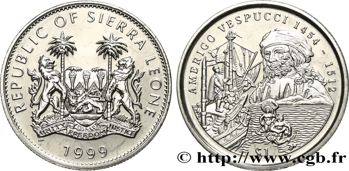 SIERRA LEONE 1 Dollar Proof Amerigo Vespucci 1999 Pobjoy Mint SPL 