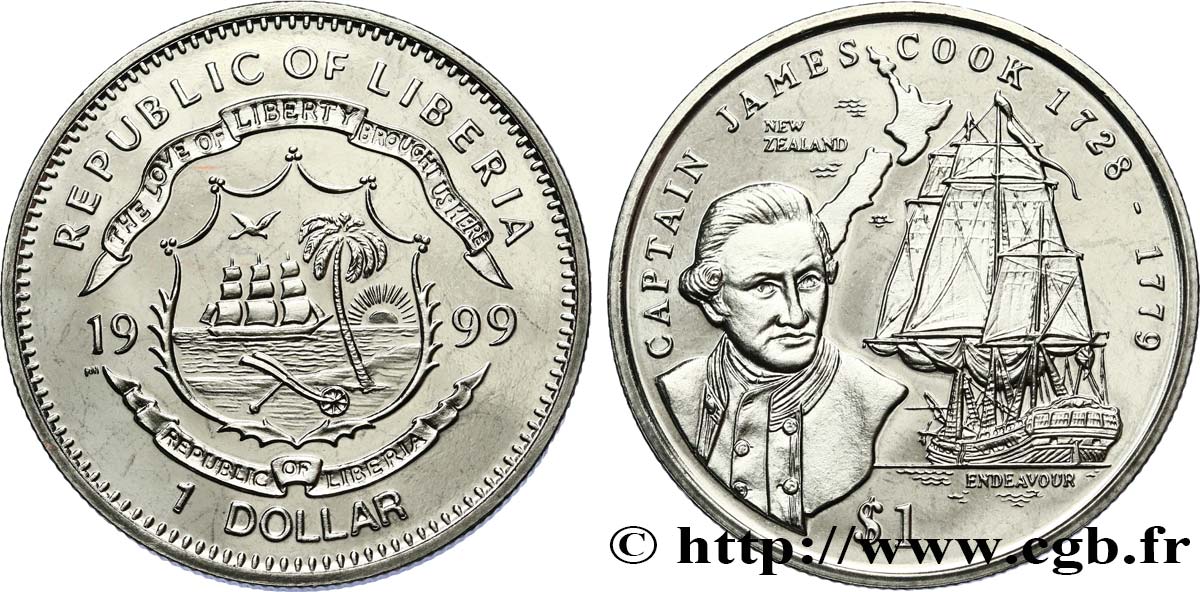 LIBERIA 1 Dollar Proof Capitaine James Cook 1999 Pobjoy Mint SC 