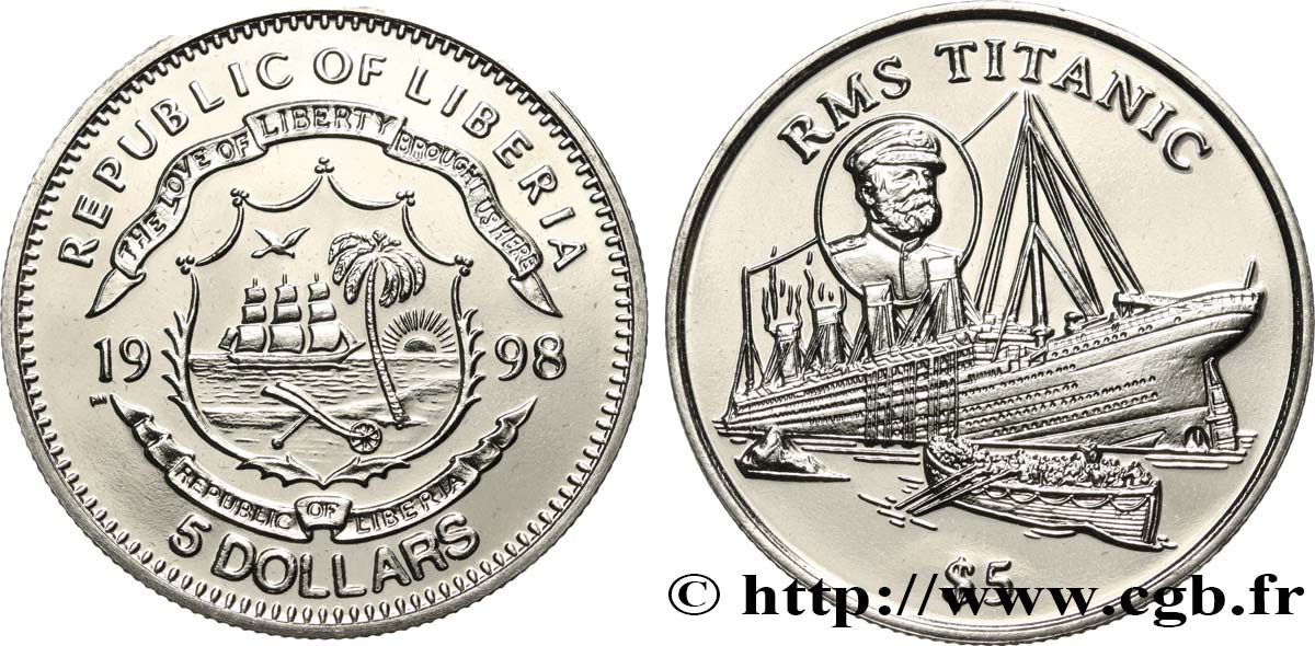 LIBERIA 5 Dollars Naufrage du paquebot Titanic 1998 Pobjoy Mint MS 