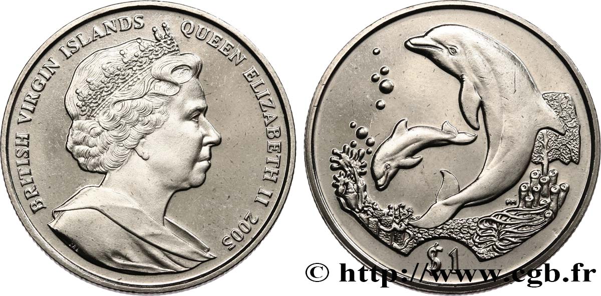 BRITISCHE JUNGFERNINSELN 1 Dollar Proof Elisabeth II / dauphins 2005  fST 