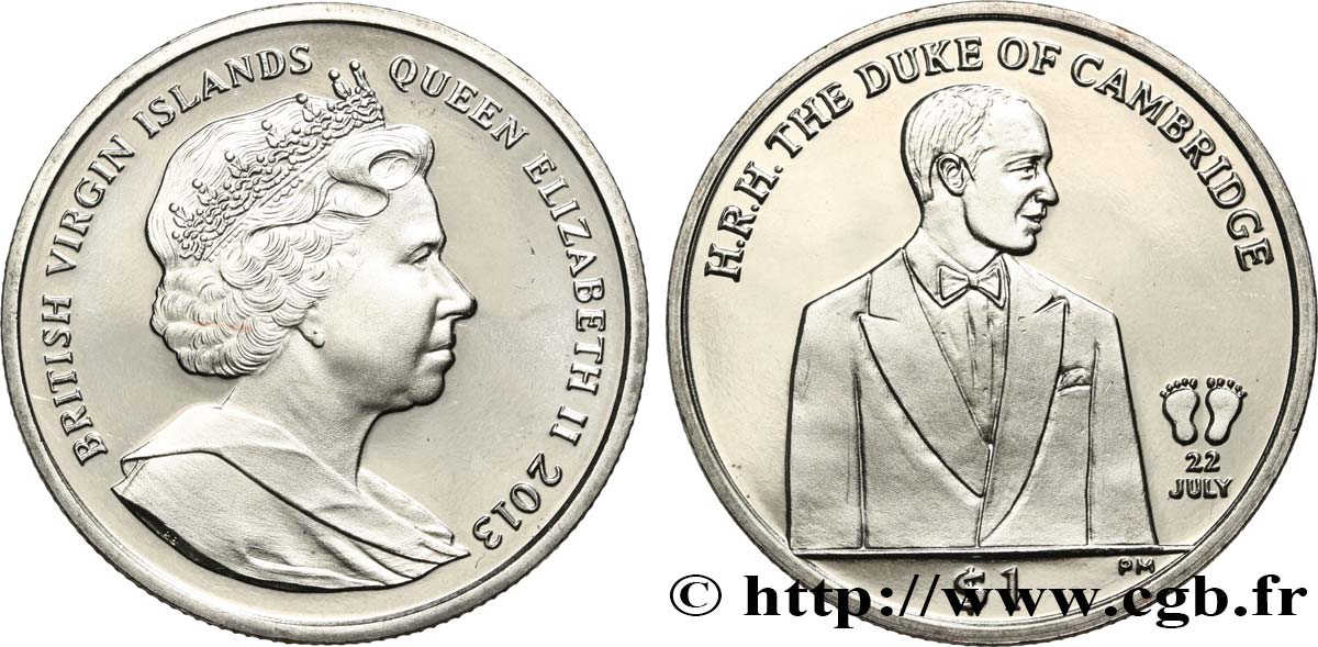 ÎLES VIERGES BRITANNIQUES 1 Dollar Proof le Duc de Cambridge 2013 Pobjoy Mint SPL 