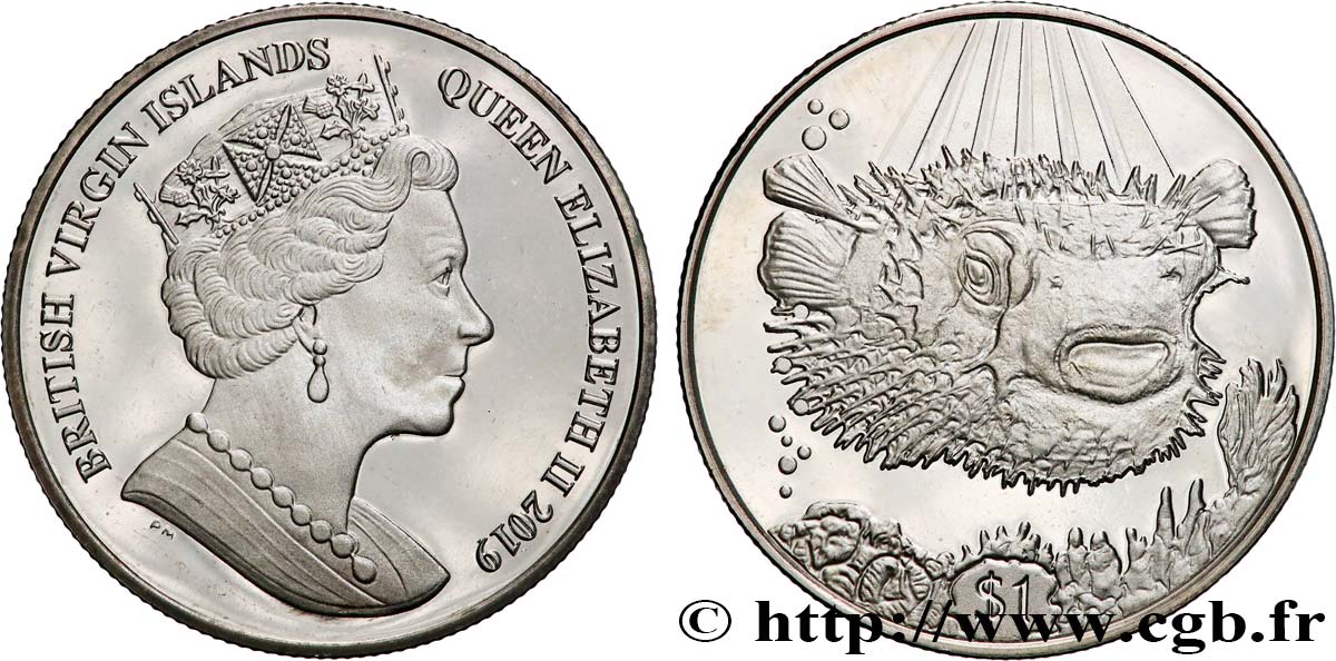 ISOLE VERGINI BRITANNICHE 1 Dollar Proof Poisson porc-épic 2019 Pobjoy Mint MS 