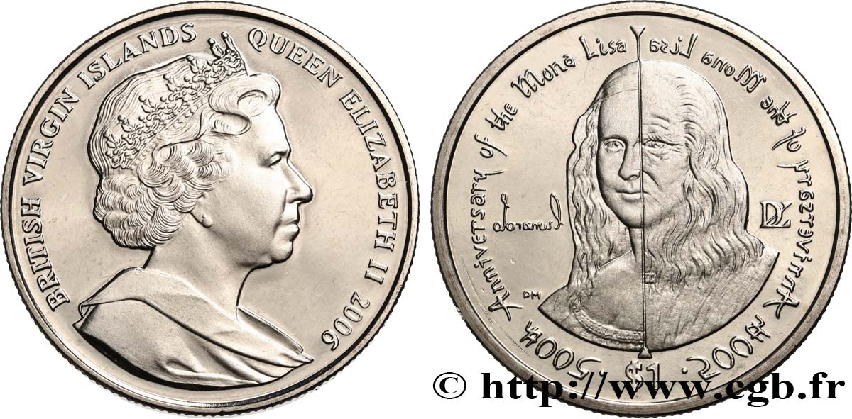 BRITISH VIRGIN ISLANDS 1 Dollar Proof 500e anniversaire de Mona Lisa 2006 Pobjoy Mint MS 