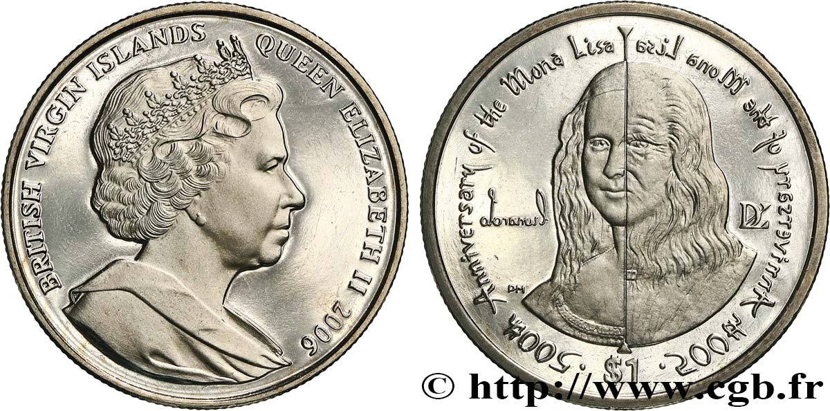 BRITISCHE JUNGFERNINSELN 1 Dollar Proof 500e anniversaire de Mona Lisa 2006 Pobjoy Mint fST 