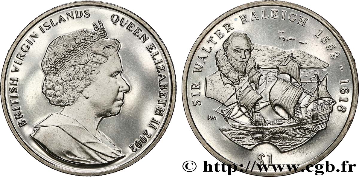 ÎLES VIERGES BRITANNIQUES 1 Dollar Proof Sir Walter Raleigh 2002 Pobjoy Mint SPL 