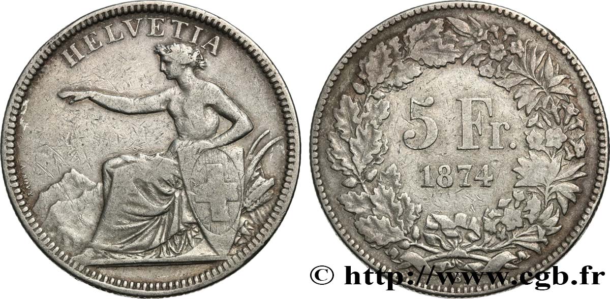 SVIZZERA  5 Francs Helvetia assise 1874 Bruxelles MB 