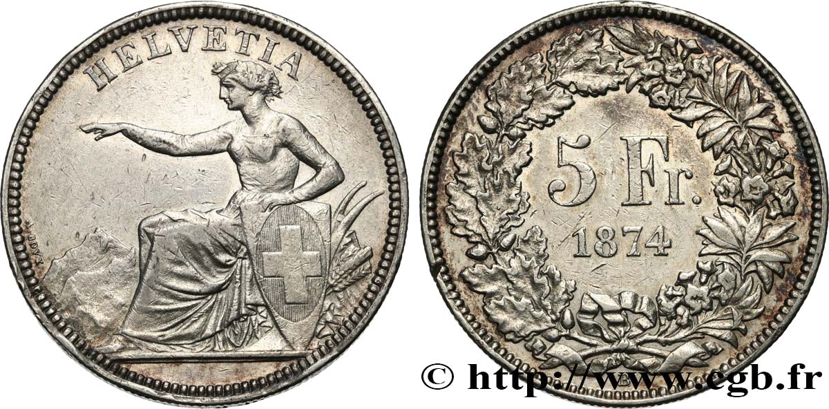 SVIZZERA  5 Francs Helvetia assise 1874 Bruxelles BB 