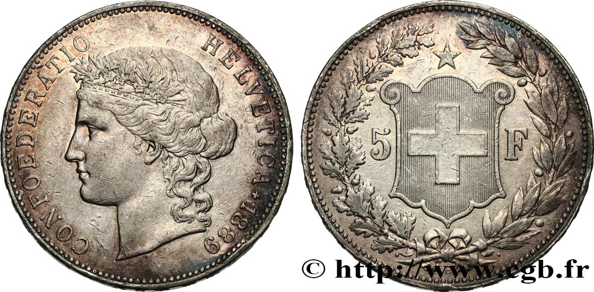 SWITZERLAND 5 Francs Helvetia 1889 Berne XF 