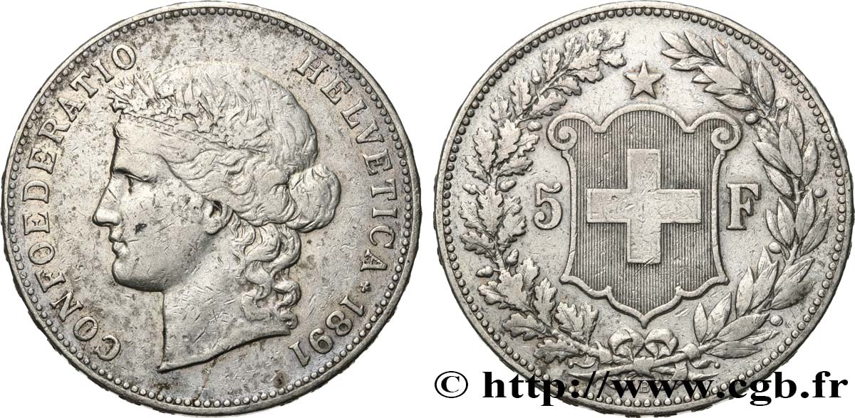 SWITZERLAND 5 Francs Helvetia buste 1891 Berne VF 