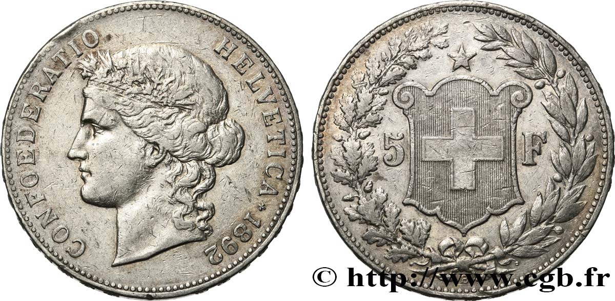 SUIZA 5 Francs Helvetia 1892 Berne MBC 