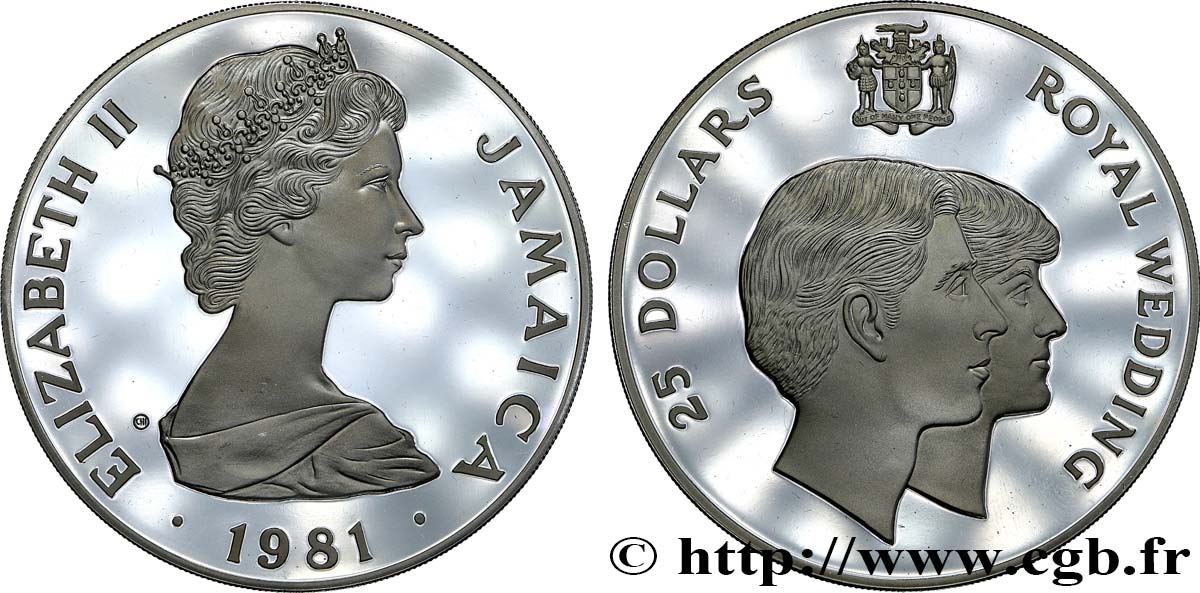 JAMAIKA 25 Dollars Proof / Mariage royal 1981  fST 
