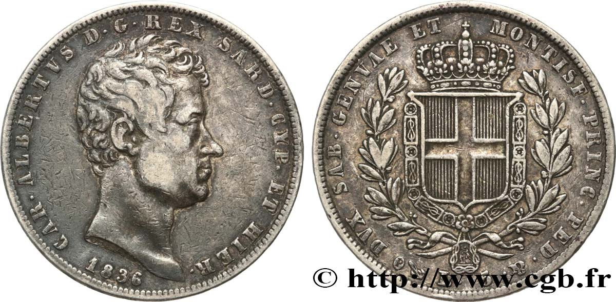 ITALY - KINGDOM OF SARDINIA 5 Lire Charles-Albert 1836 Gênes XF 