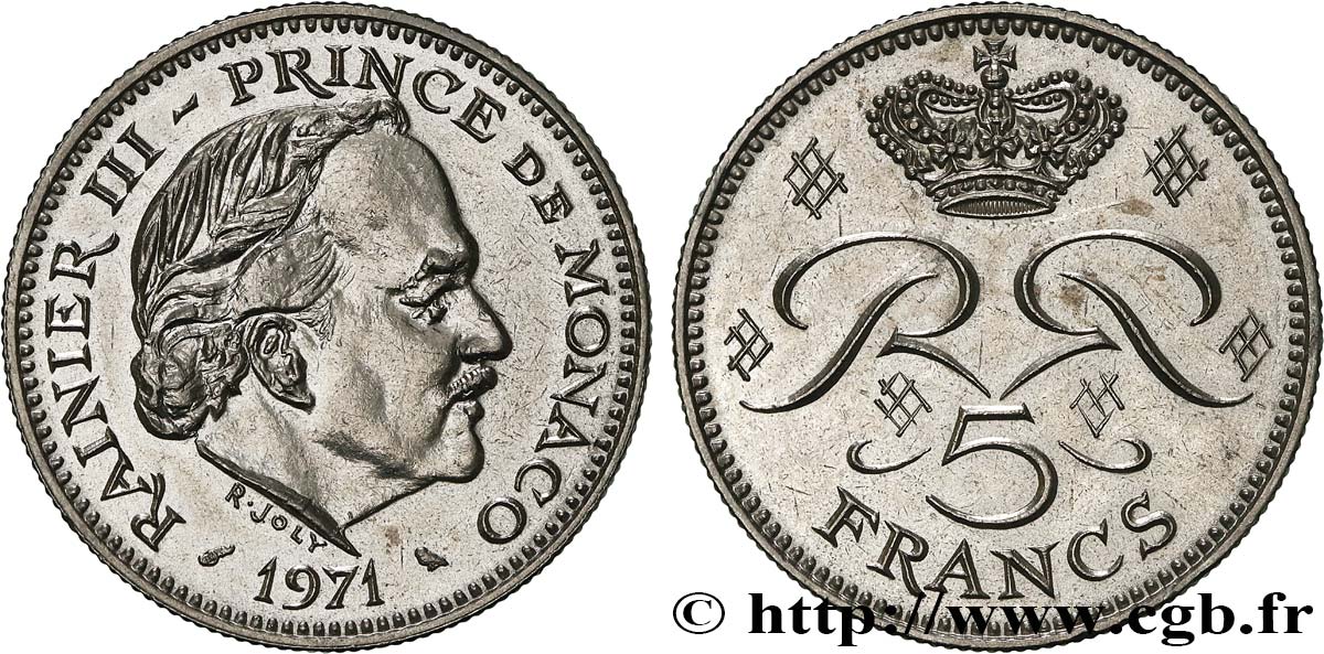 MONACO 5 Francs Rainier III 1971 Paris VZ 