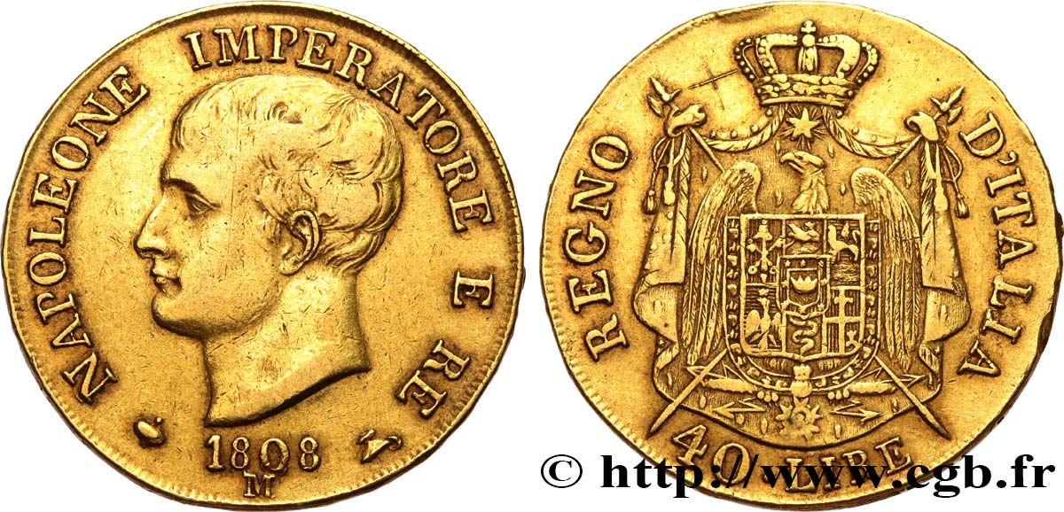 ITALY - KINGDOM OF ITALY - NAPOLEON I 40 Lire 1808 Milan XF 