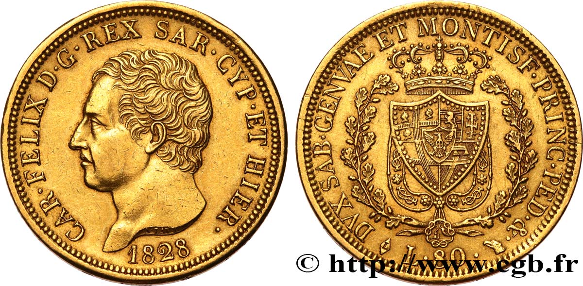 ITALIA - REINO DE CERDEÑA 80 Lire or Charles Félix de Savoie 1828 Turin MBC+ 