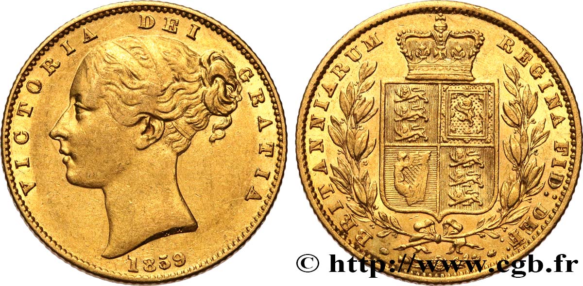 UNITED KINGDOM 1 Souverain Victoria buste jeune 1859 Londres XF 