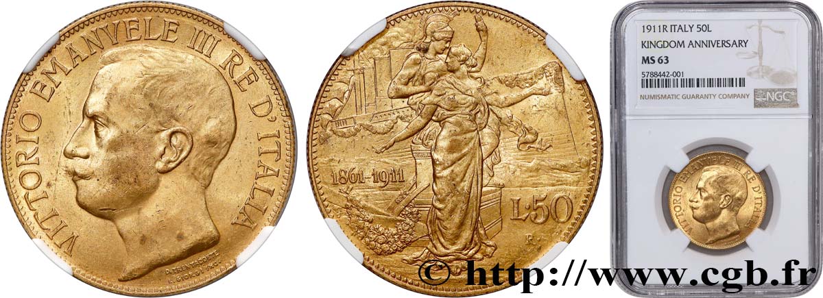 ITALIA - REGNO D ITALIA - VITTORIO EMANUELE III 50 Lire 1911 Rome MS63 NGC