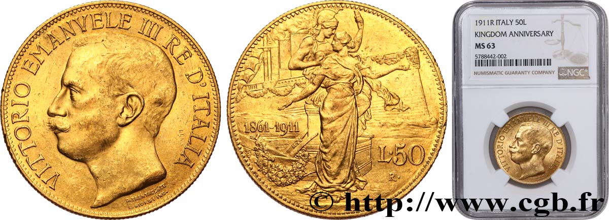 ITALY - KINGDOM OF ITALY - VICTOR-EMMANUEL III 50 Lire 1911 Rome MS63 NGC