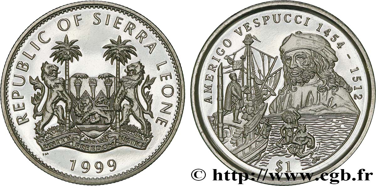 SIERRA LEONE 1 Dollar Proof Amerigo Vespucci 1999 Pobjoy Mint MS 