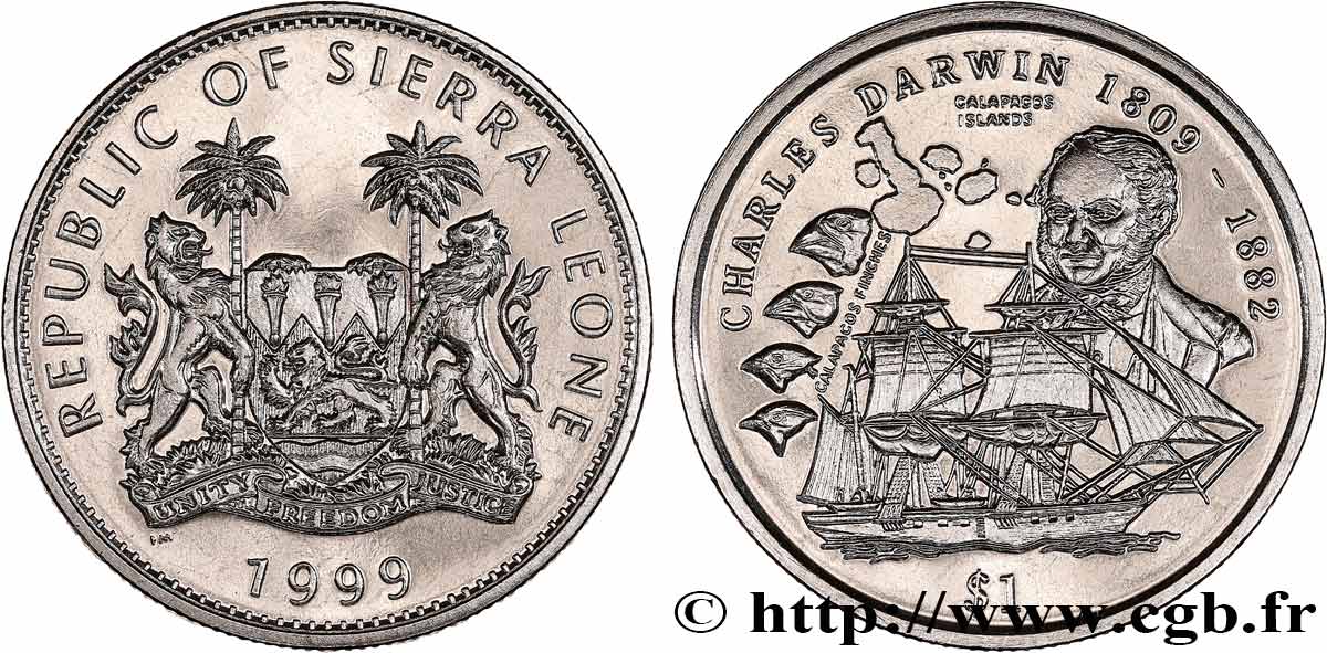 SIERRA LEONE 1 Dollar Proof Charles Darwin 1999 Pobjoy Mint MS 