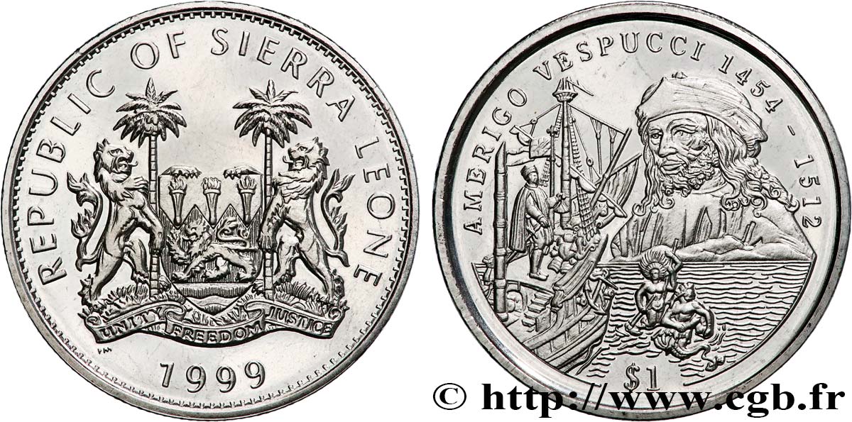 SIERRA LEONE 1 Dollar Proof Amerigo Vespucci 1999 Pobjoy Mint MS 