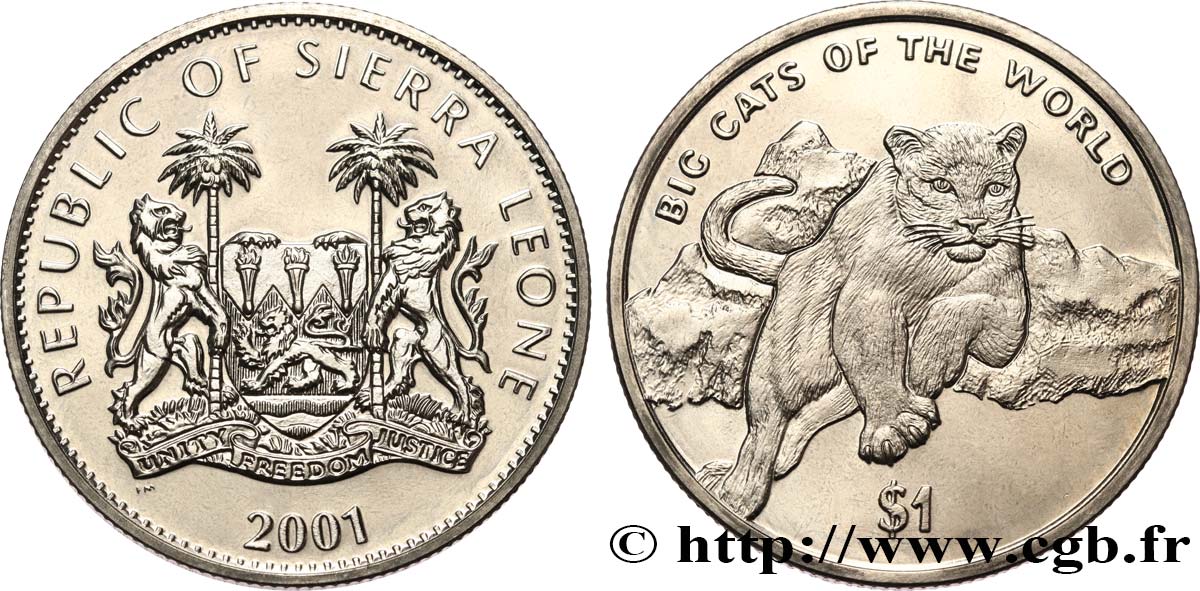 SIERRA LEONE 1 Dollar Proof cougar 2001  MS 