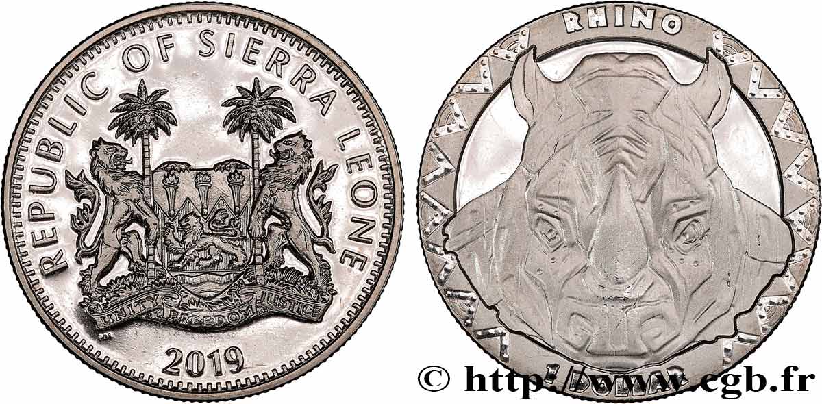SIERRA LEONE 1 Dollar Proof Rhinocéros 2019 Pobjoy Mint MS 