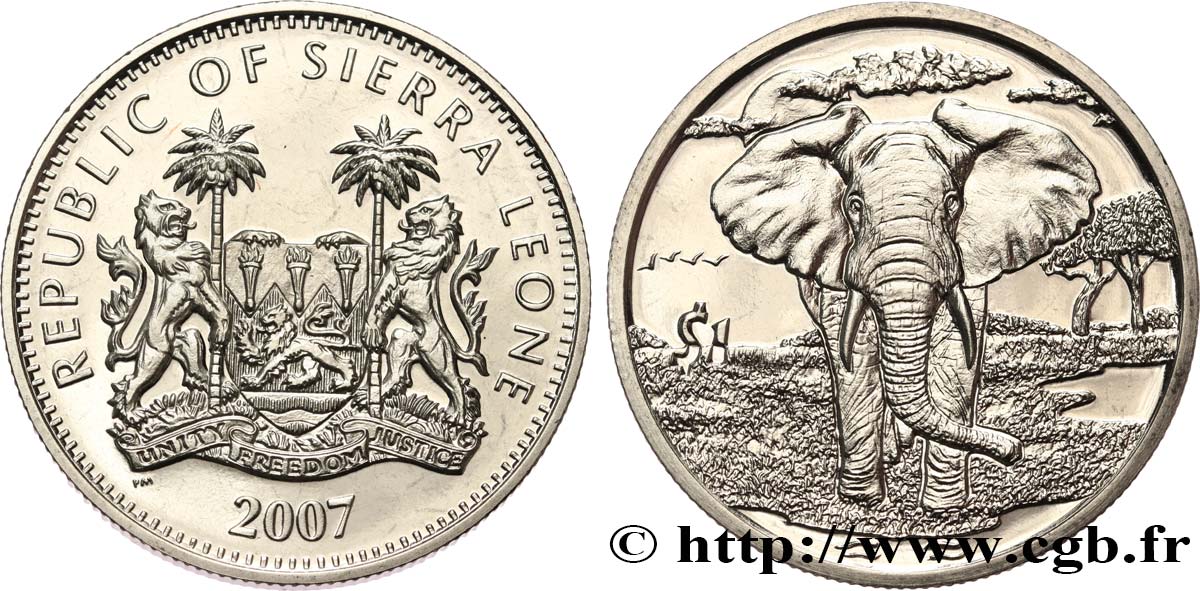 SIERRA LEONE 1 Dollar Proof éléphant 2007 Pobjoy Mint SPL 