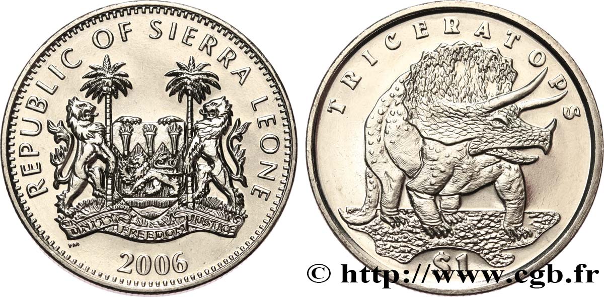 SIERRA LEONE 1 Dollar Proof Tricératops 2006 Pobjoy Mint MS 