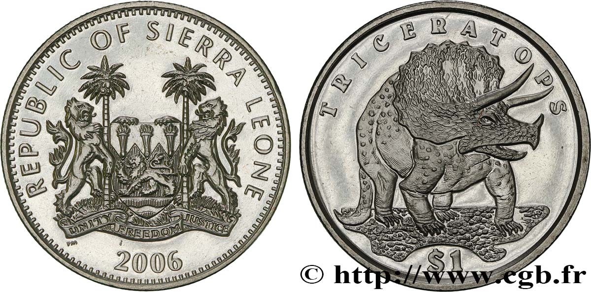 SIERRA LEONE 1 Dollar Proof Tricératops 2006 Pobjoy Mint fST 