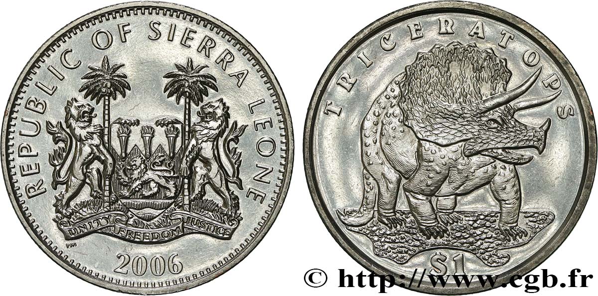 SIERRA LEONE 1 Dollar Proof Tricératops 2006 Pobjoy Mint SPL 