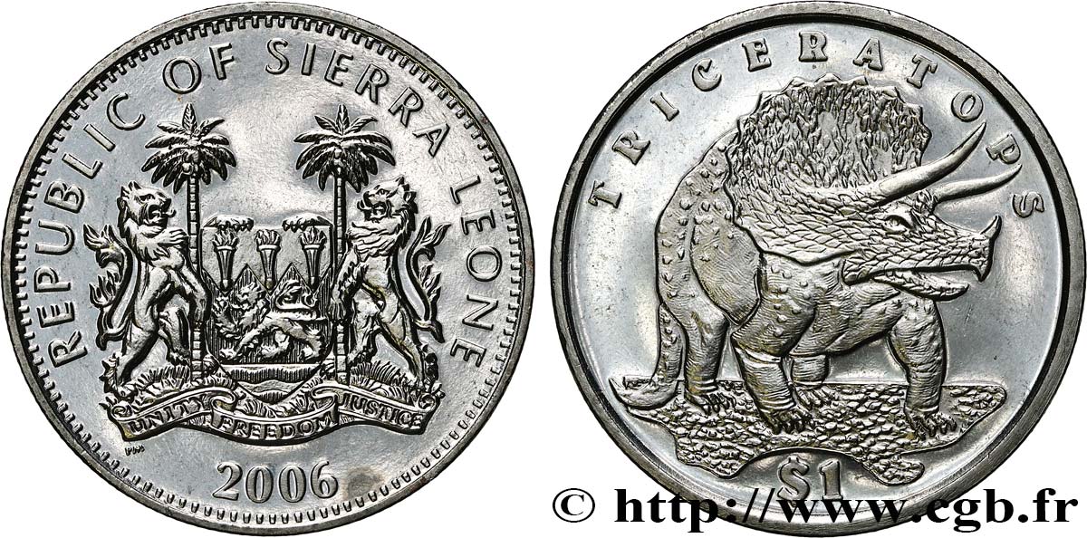 SIERRA LEONE 1 Dollar Proof Tricératops 2006 Pobjoy Mint fST 