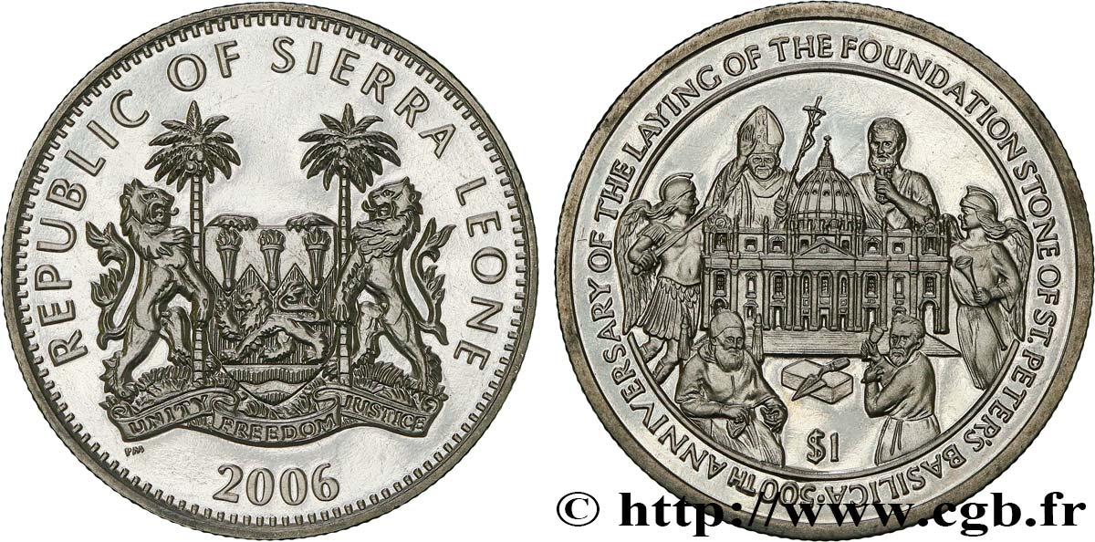 SIERRA LEONA 1 Dollar Proof 500e anniversaire de la basilique Saint-Pierre de Rome 2006 Pobjoy Mint SC 