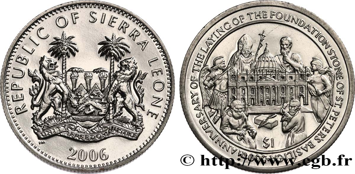 SIERRA LEONE 1 Dollar Proof 500e anniversaire de la basilique Saint-Pierre de Rome 2006 Pobjoy Mint MS 