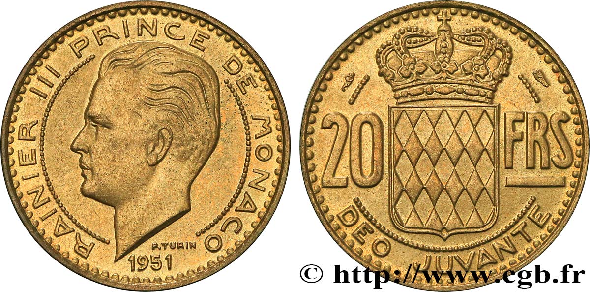 MONACO 20 Francs Rainier III 1951 Paris VZ 
