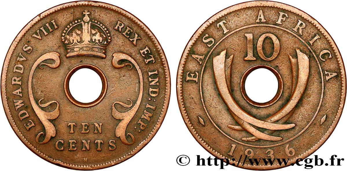 EAST AFRICA 10 Cents frappe au nom d’Edouard VIII 1936 Heaton - H VF 