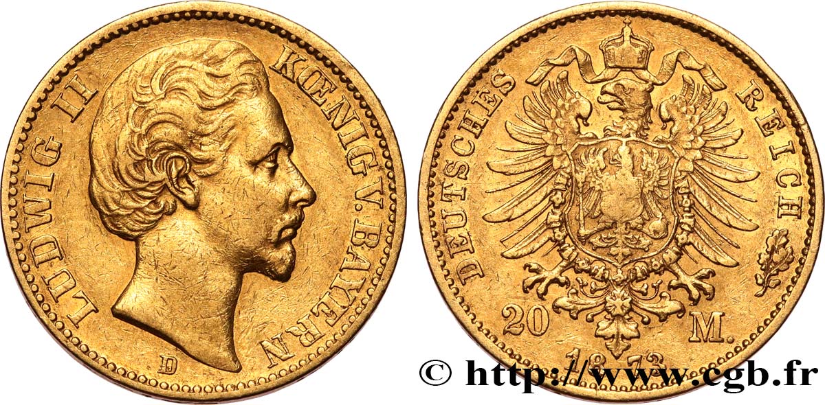 GERMANY - BAVARIA 20 Mark Louis II 1872 Munich AU 